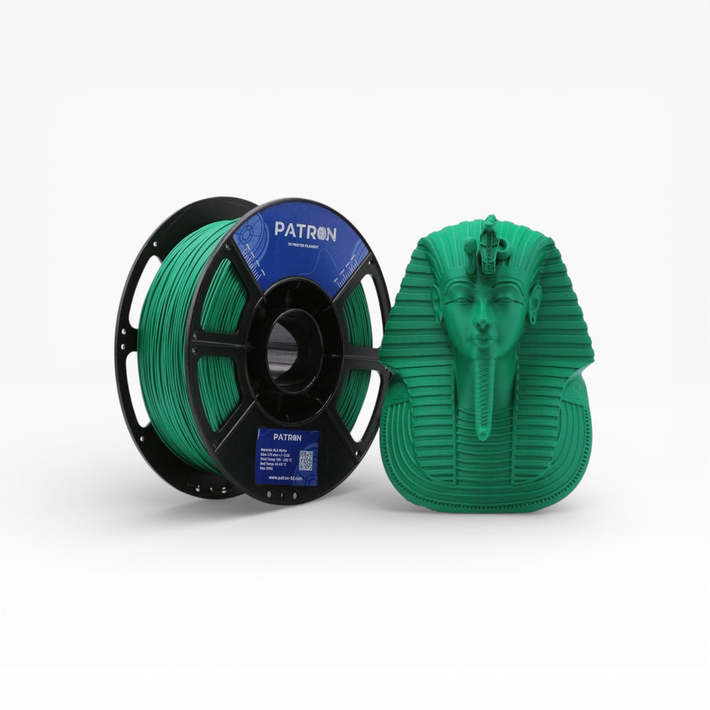 Emerald green matte PLA filament from Patron 3D Filaments, shown in a spool with a smooth, vibrant green finish.