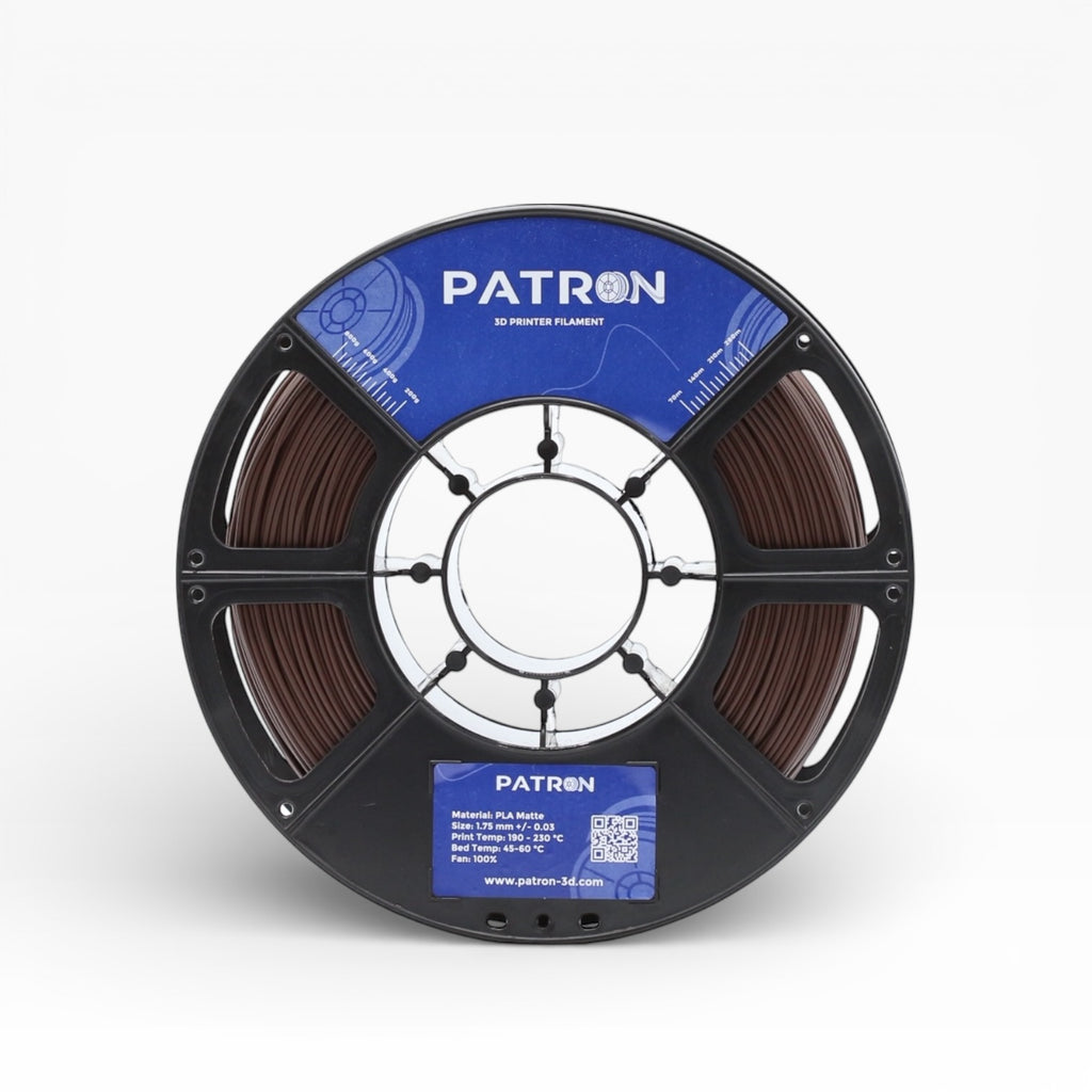 Chocolate brown matte PLA filament from Patron 3D Filaments, shown in a spool with a smooth, matte finish for 3D printing.