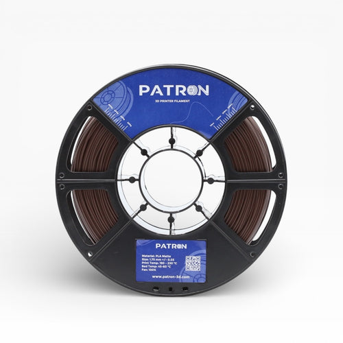Chocolate brown matte PLA filament from Patron 3D Filaments, showing the spool and filament details.