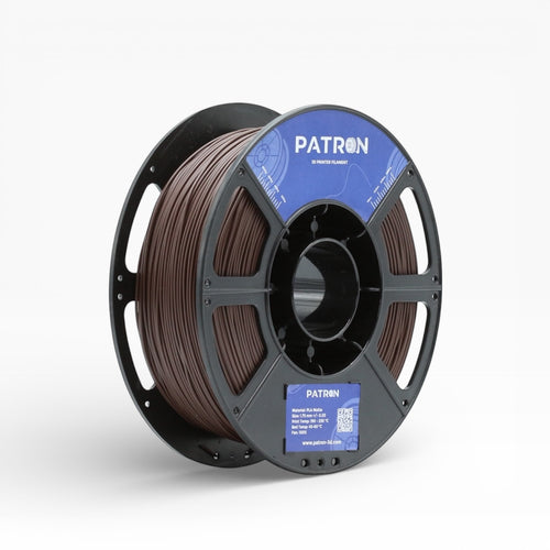 Chocolate brown matte PLA filament by Patron 3D Filaments, showing a spool of versatile 3D printing material.