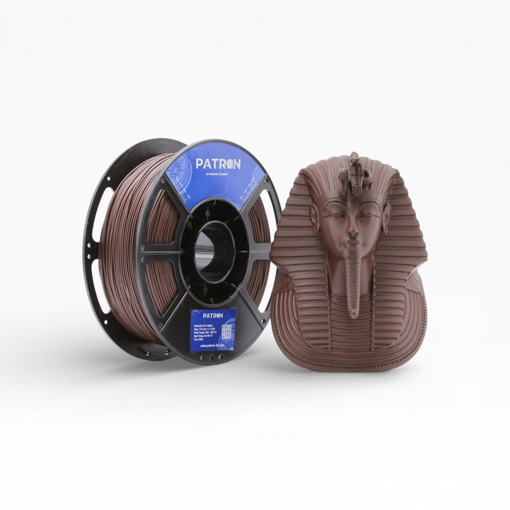 Chocolate brown matte PLA filament by Patron 3D filaments, showing a spool of durable, smooth 3D printing material.
