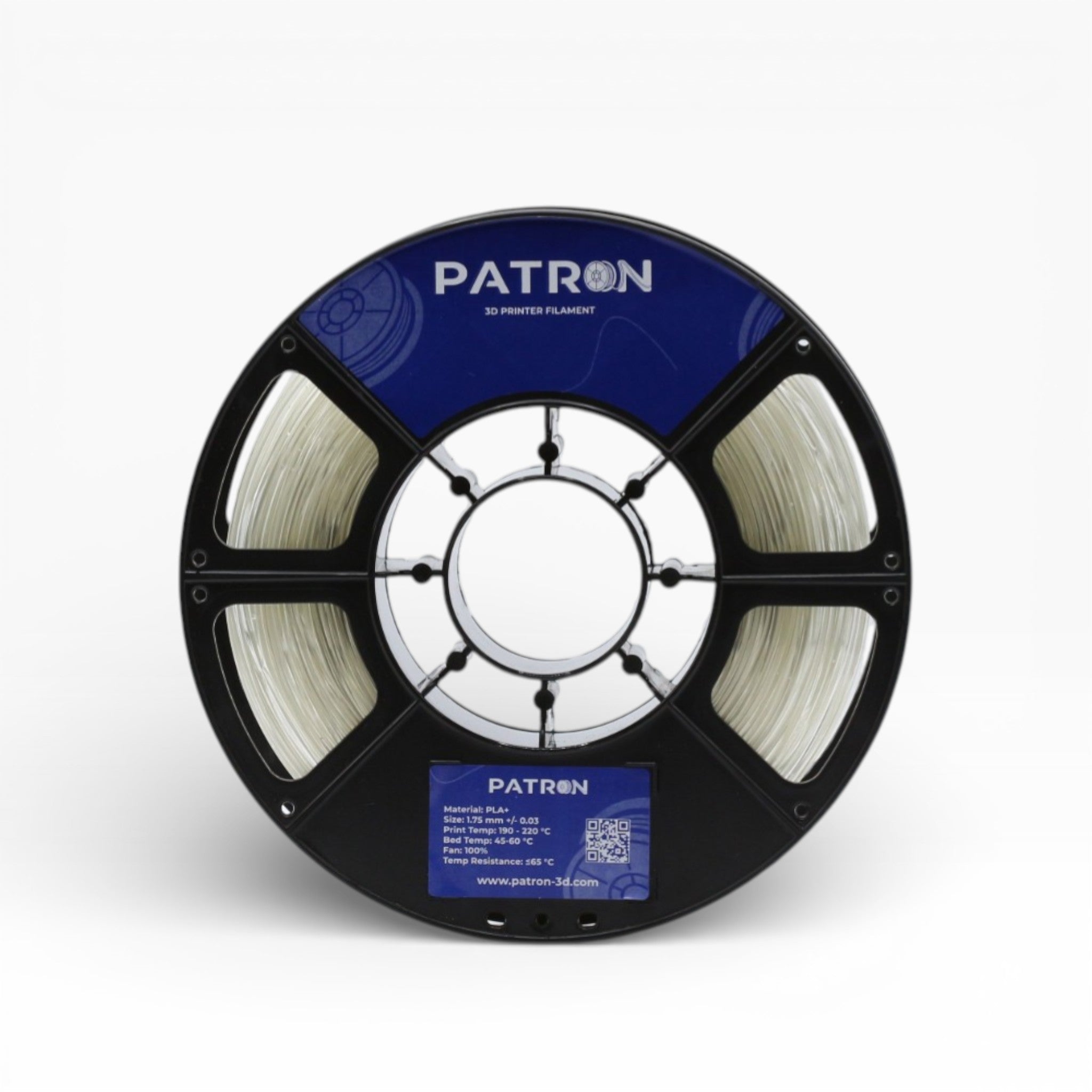 Clear PLA+ filament spool from Patron 3D Filaments, showing the transparent, glossy plastic material for 3D printing.
