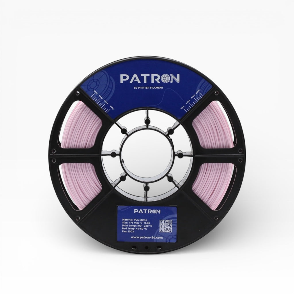 Flamingo pink matte PLA filament from Patron 3D Filaments, shown in a spool with vibrant pink color and smooth matte finish.