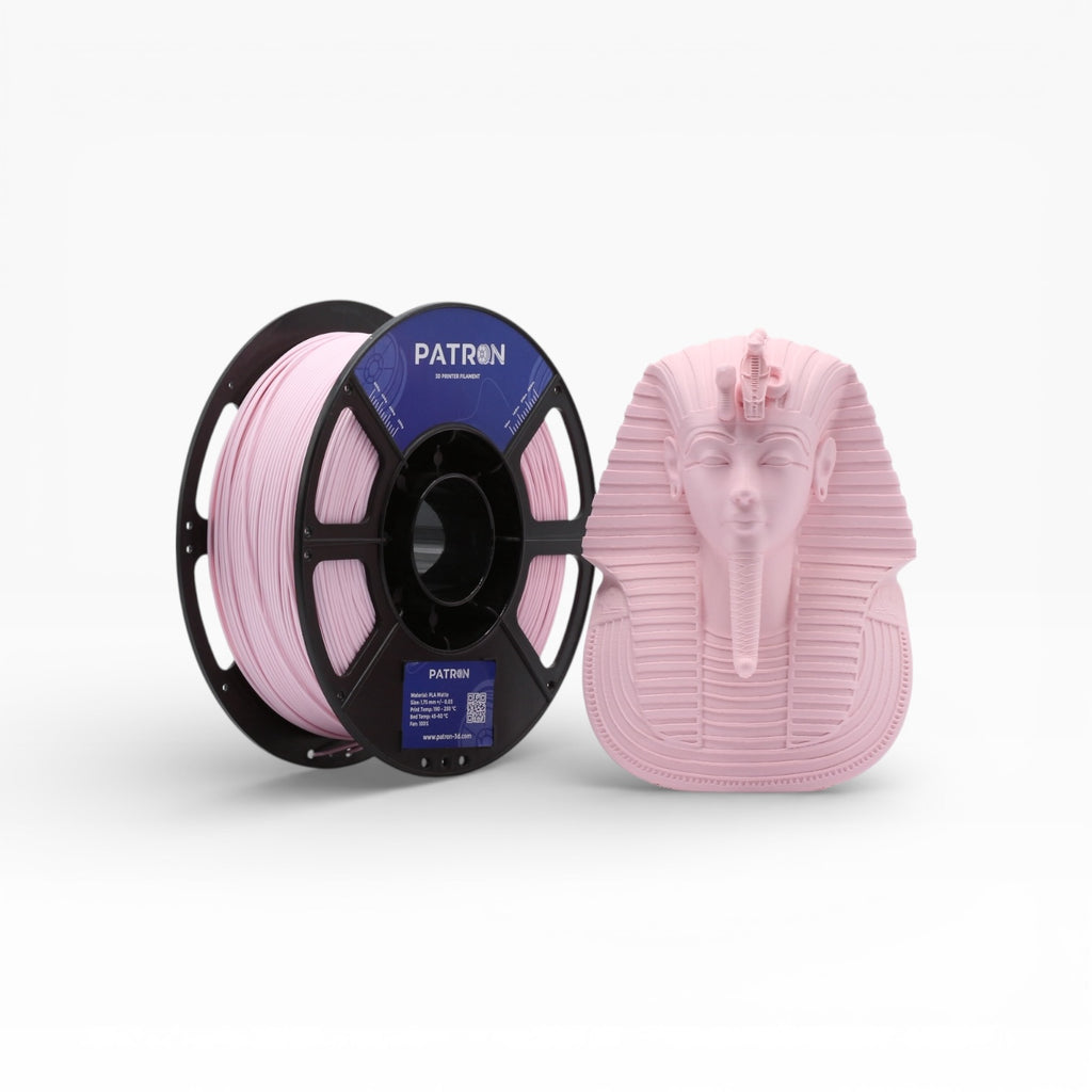 Flamingo pink matte PLA filament by Patron 3D Filaments, showing a spool of vibrant, smooth-colored 3D printing material.