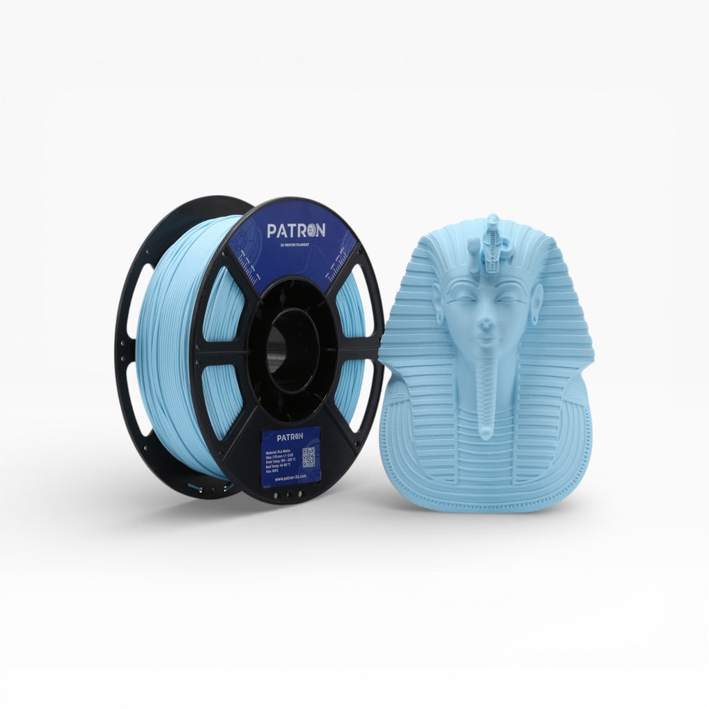 Light blue matte PLA filament by Patron 3D Filaments, showing a spool of light blue, matte finish 3D printing filament.