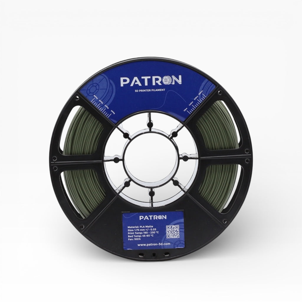Olive green matte PLA filament by Patron 3D Filaments, showing a spool of eco-friendly 3D printing material with a smooth matte finish.