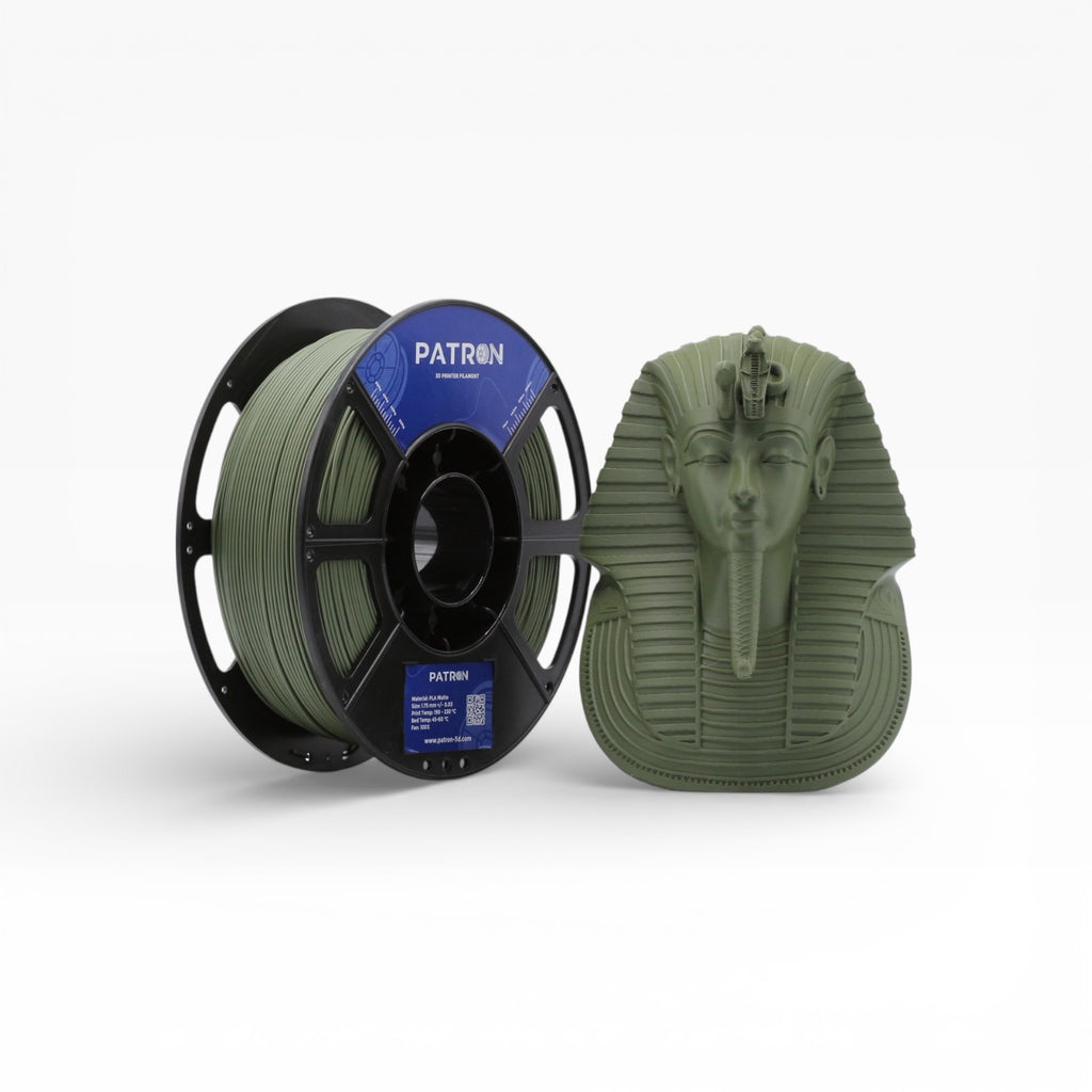 Olive green matte PLA 3D filament by Patron 3D Filaments, showing a spool of eco-friendly 3D printing material.