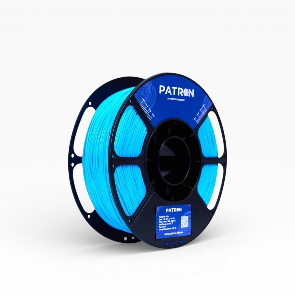 Baby blue PLA+ filament spool from My Store, showcasing a smooth texture and vibrant color ideal for 3D printing projects.