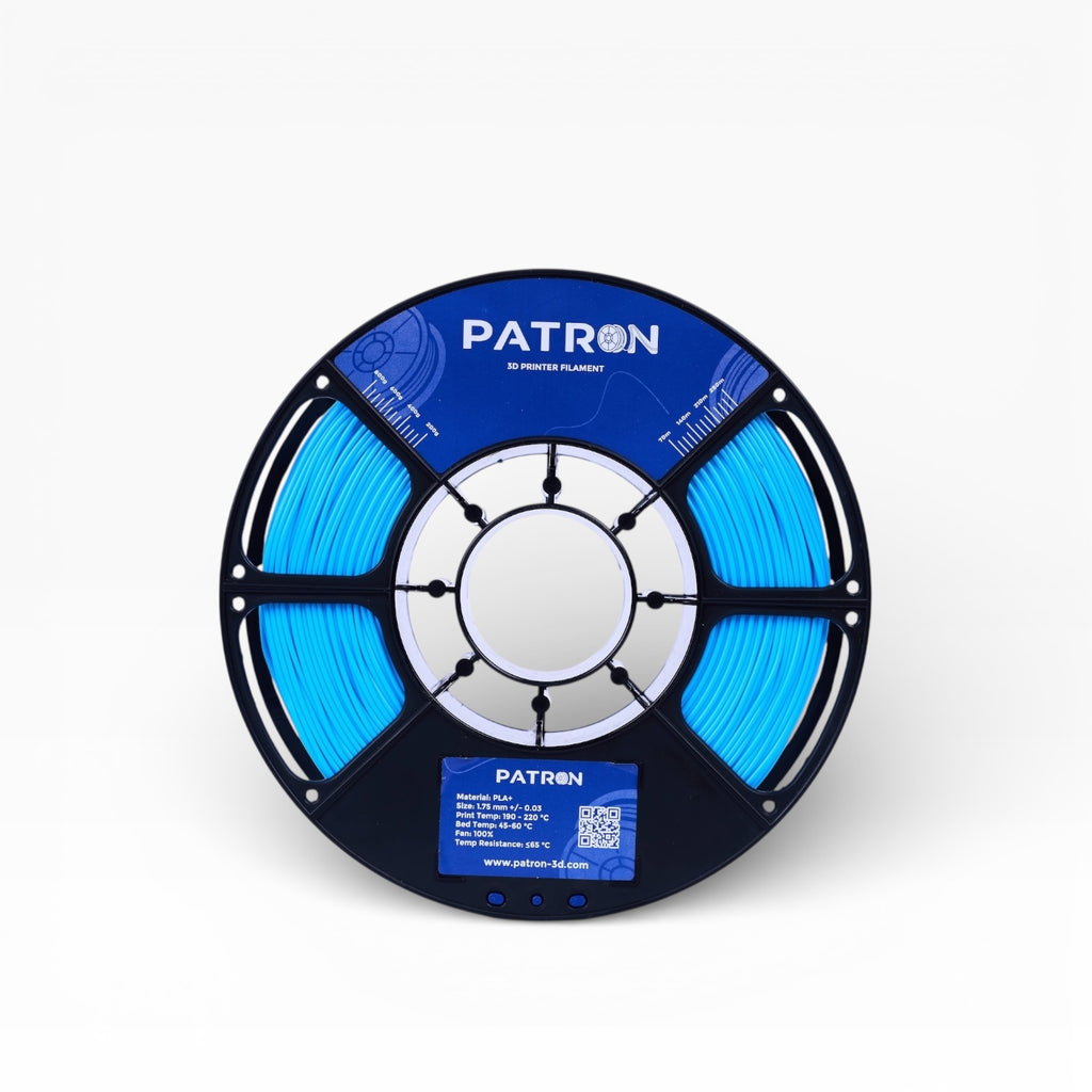 Baby blue PLA+ filament spool, showcasing smooth texture and vibrant color, ideal for 3D printing projects.