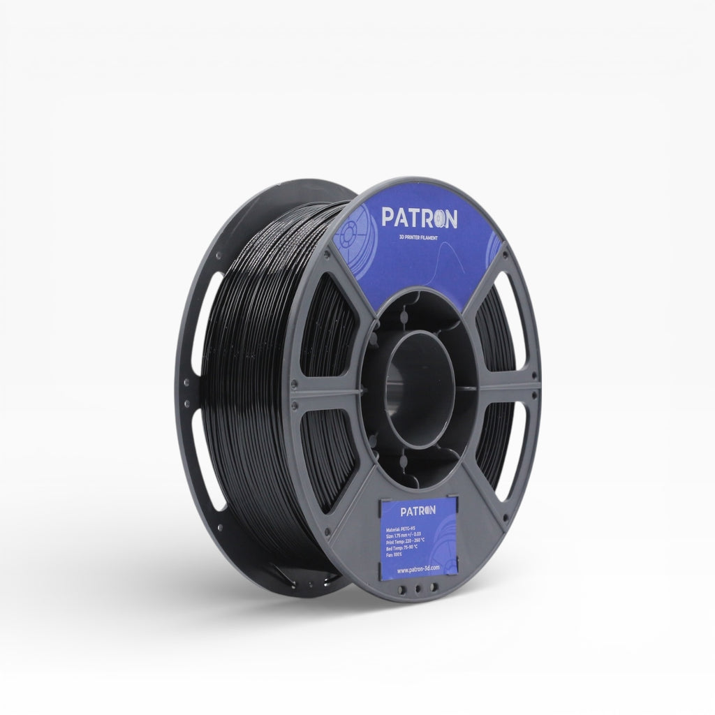 Black PETG HS filament spool from My Store, showing the rolled filament with black plastic material and packaging label.