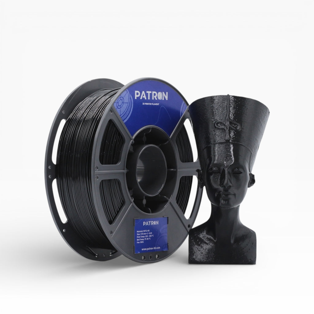 Black PETG HS filament spool from My Store, showing the 3D printing filament coiled in a clear view.