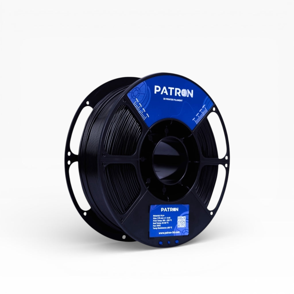 Black PLA+ filament spool from My Store, showing the coiled filament on a white background for 3D printing.