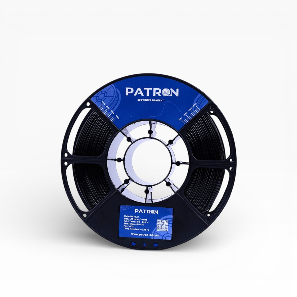 Black PLA+ filament spool from My Store, showing the smooth black plastic material used for 3D printing.