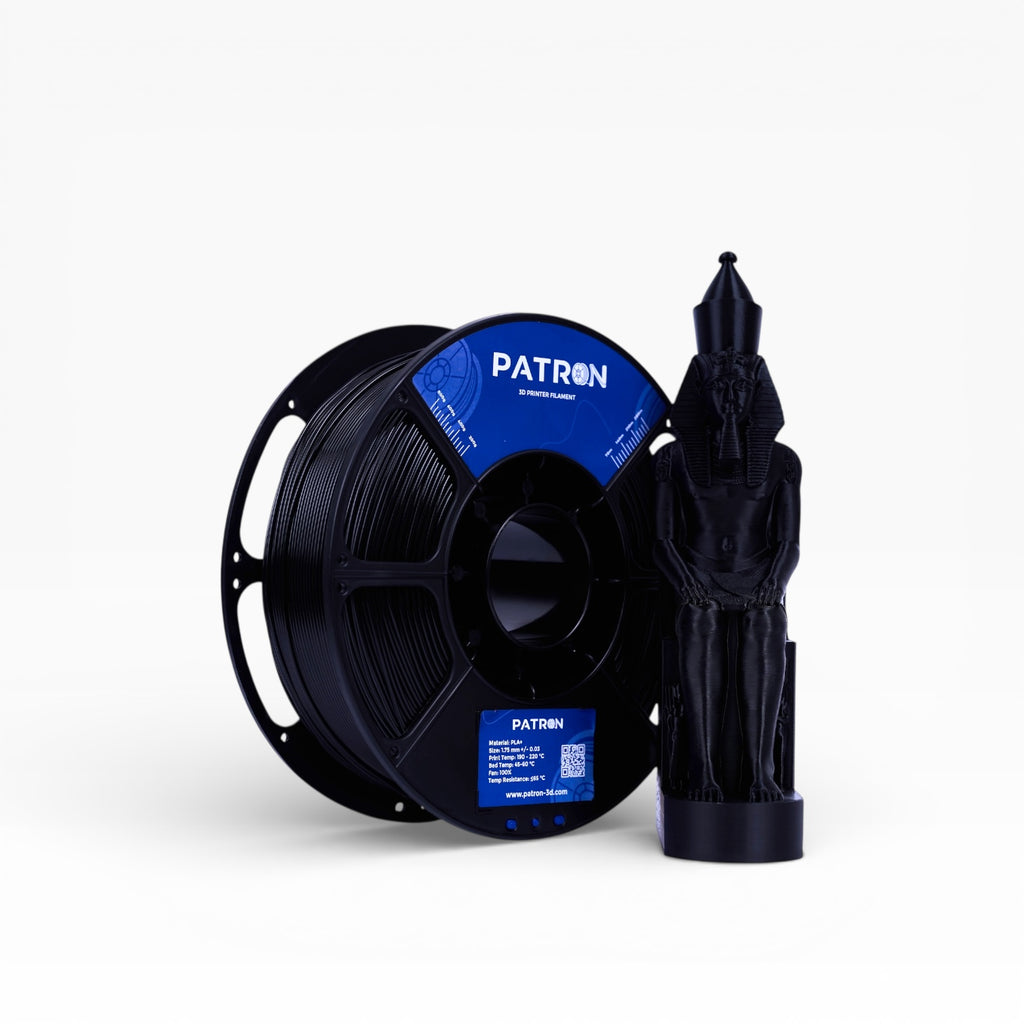 Black PLA+ filament spool from My Store, showing the smooth black plastic filament coiled neatly for 3D printing.