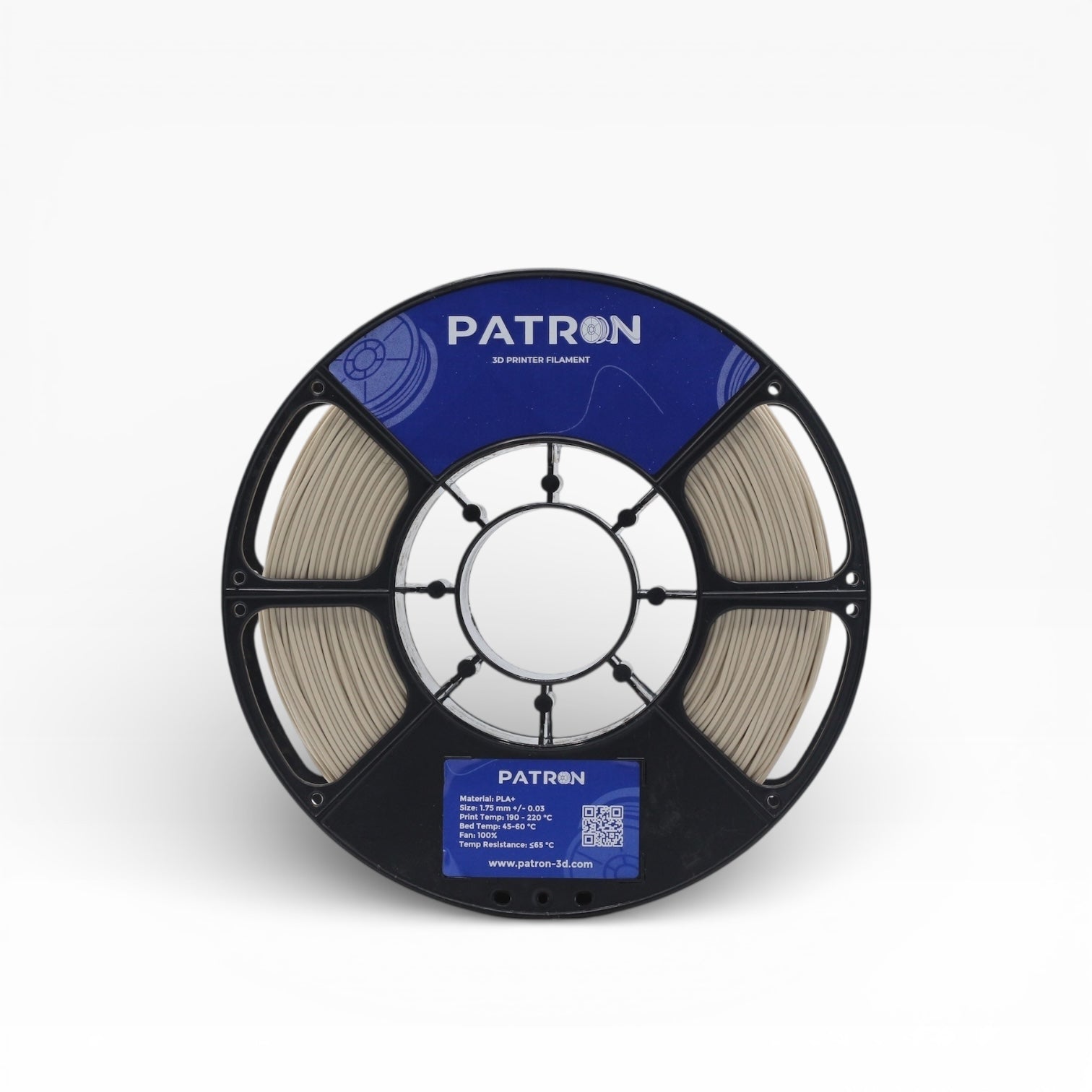 Bone white PLA+ filament spool from My Store, showcasing the smooth, cylindrical shape and detailed labeling of the product.