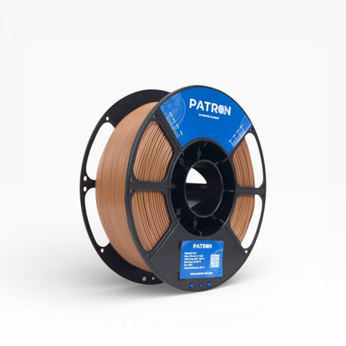 Brown PLA+ filament spool from My Store, showing the coiled filament with a clear view of the packaging and branding.