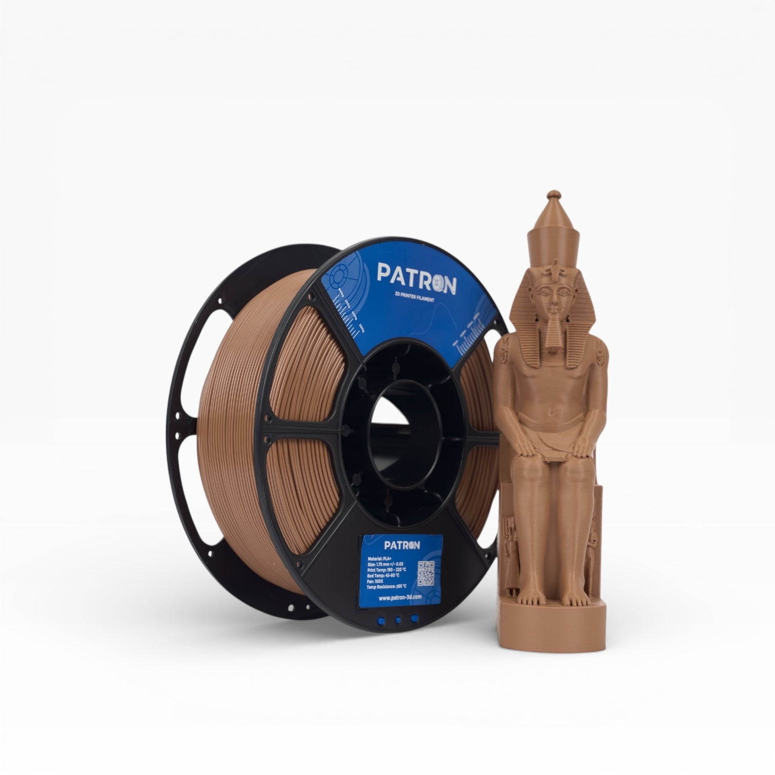 Brown PLA+ filament spool from My Store, showcasing the textured brown 3D printing filament on a spool.