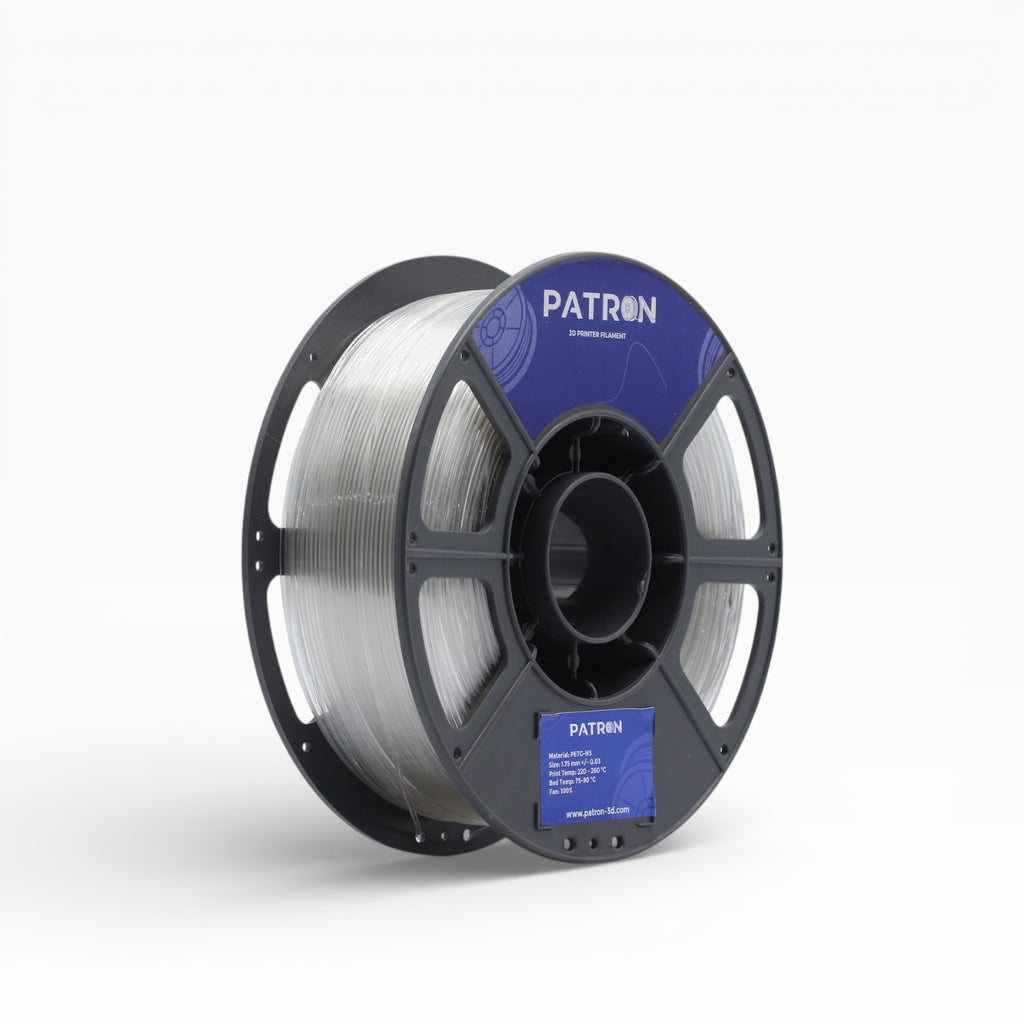 Clear PETG HS filament spool from My Store, showing the transparent plastic material and packaging.