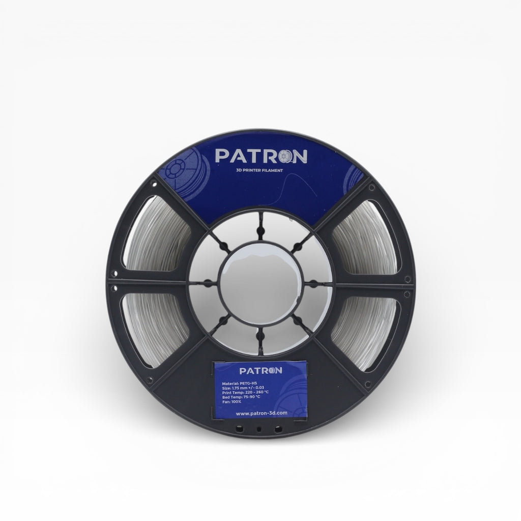 Clear PETG HS filament spool from My Store, showcasing the transparent, glossy plastic material used for 3D printing.