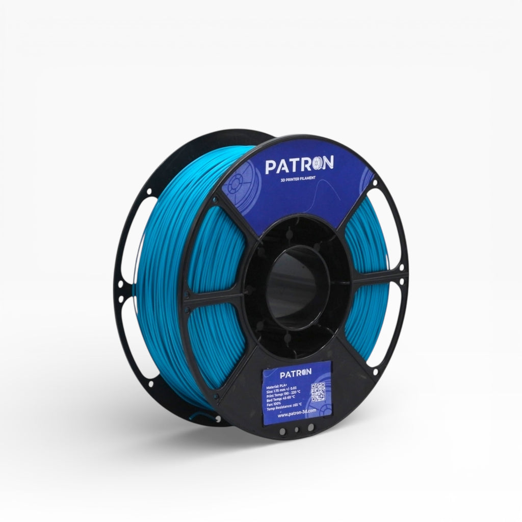 Cyan PLA+ filament spool from My Store, showing the vibrant blue filament for 3D printing projects.