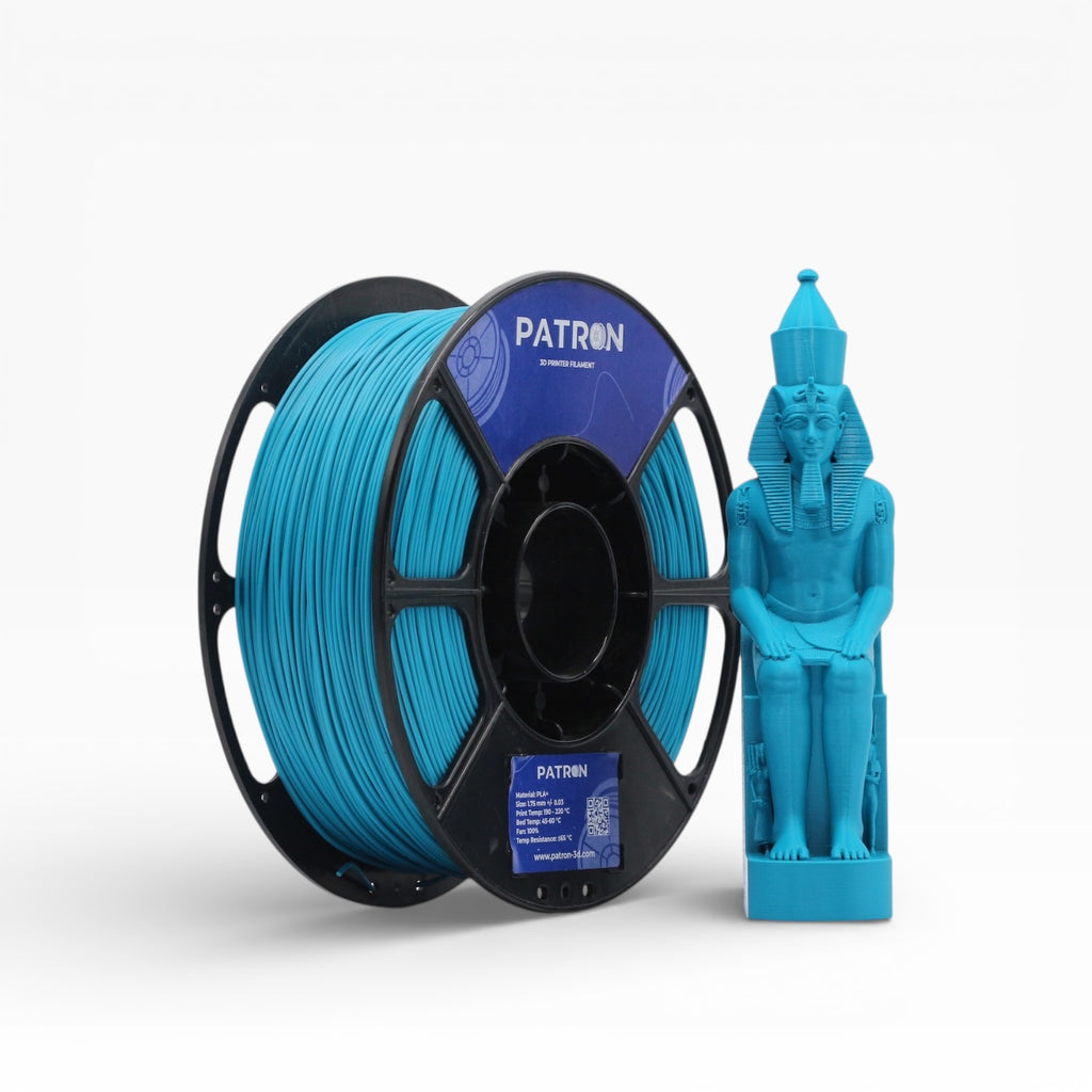 Cyan PLA+ filament spool from My Store, showing vibrant blue 3D printing filament wound on a spool.