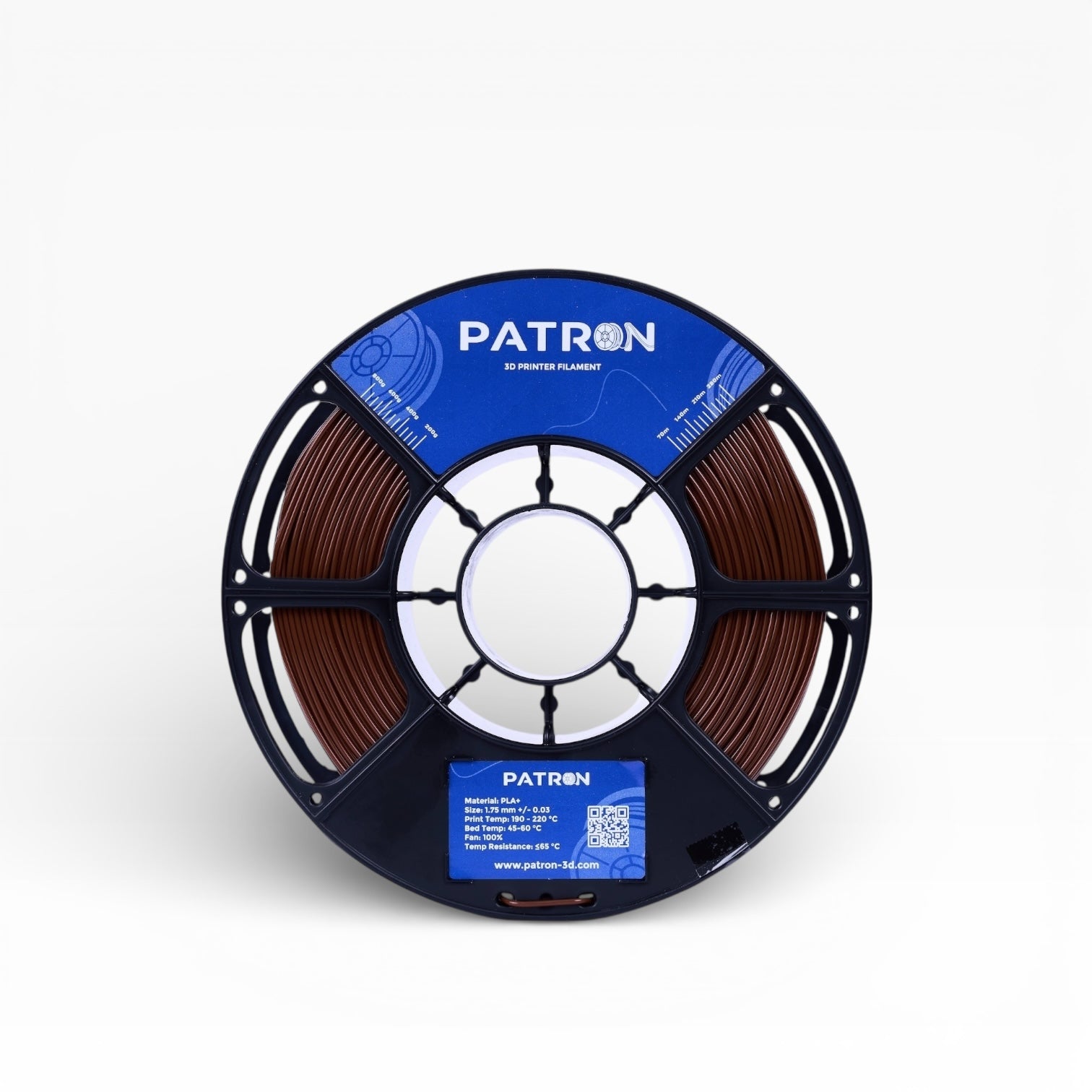 Dark brown PLA+ filament spool from My Store, showing the filament's rich color and coiled design on the packaging.