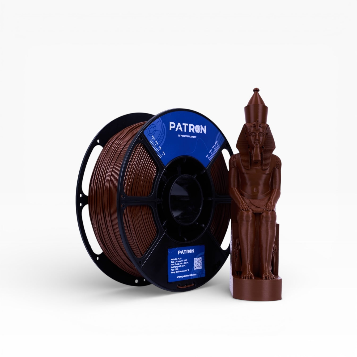 Dark brown PLA+ filament spool from My Store, showing the textured filament coil and packaging.