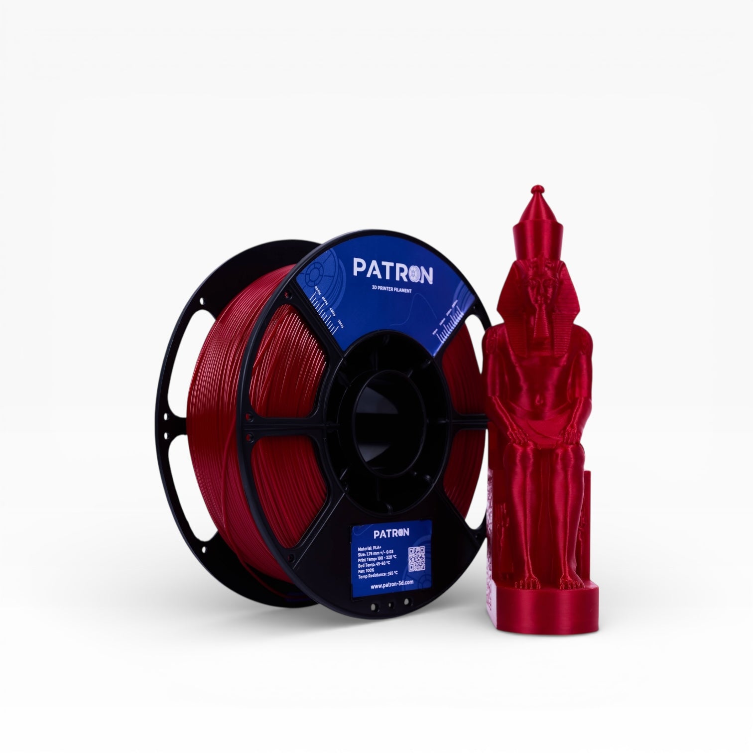 Fire engine red PLA+ filament for 3D printing, shown in a spool with vibrant red color and smooth texture.