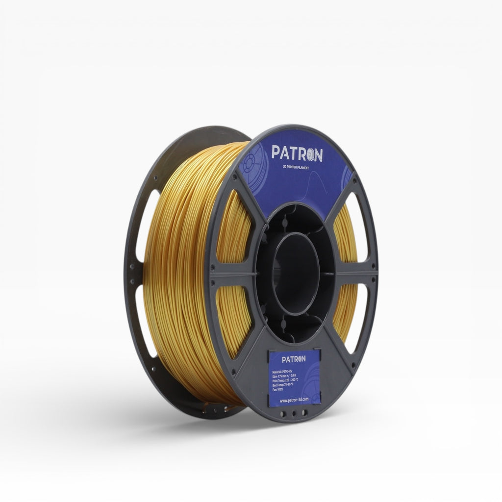 Gold PETG HS filament spool from My Store, showcasing shiny gold 3D printing filament with clear packaging and branding.