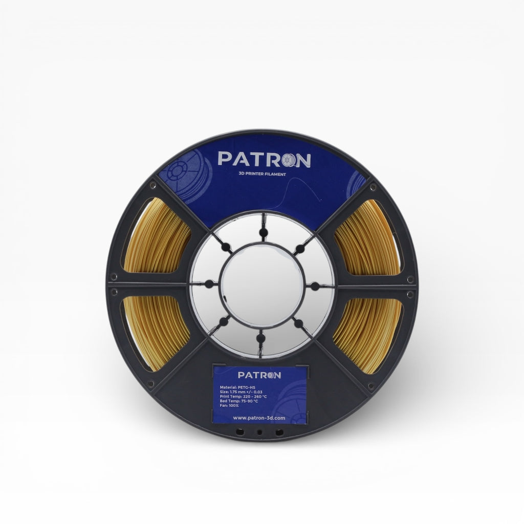 Golden PETG HS filament spool from My Store, showcasing shiny, high-strength 3D printing filament coiled neatly.