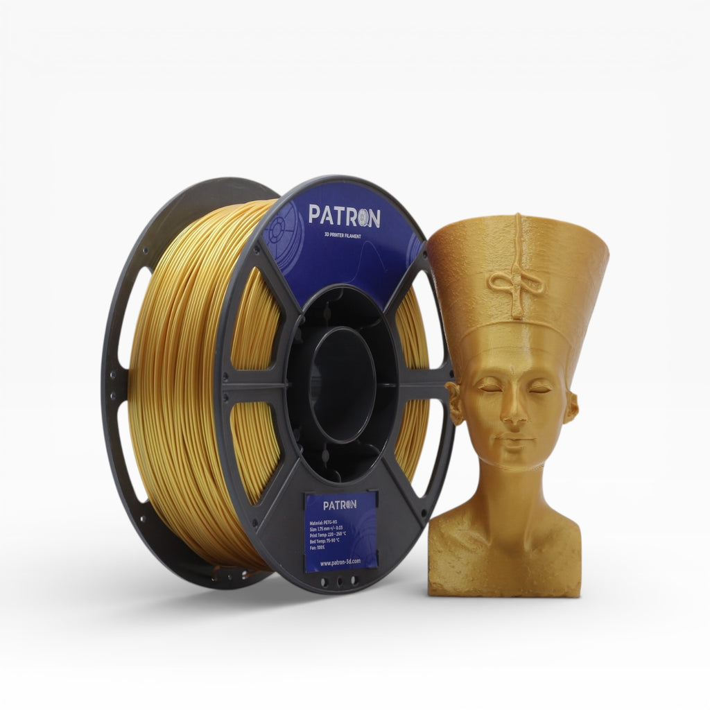 Gold PETG HS filament spool from My Store, showing the shiny gold plastic filament coiled on a spool for 3D printing.