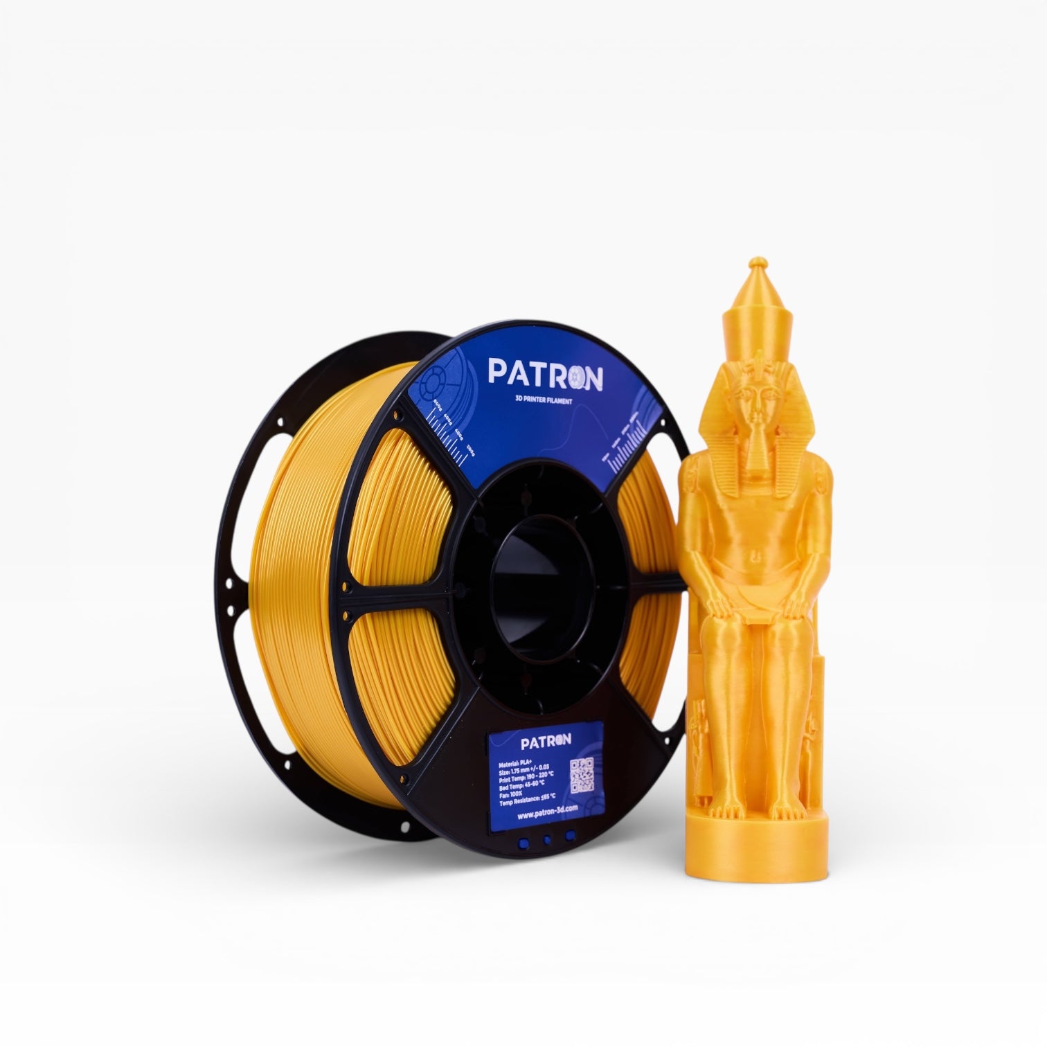 Golden PLA+ filament spool from My Store, showing the vibrant gold-colored 3D printing filament coiled neatly.