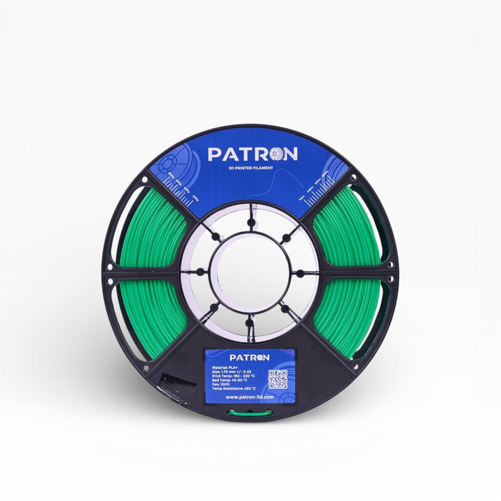 Green PLA+ filament spool from My Store, showcasing bright green 3D printing filament for creative projects.