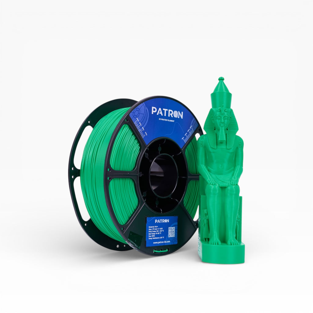 Green PLA+ filament spool from My Store, showcasing vibrant green 3D printing filament on a reel for 3D printing projects.