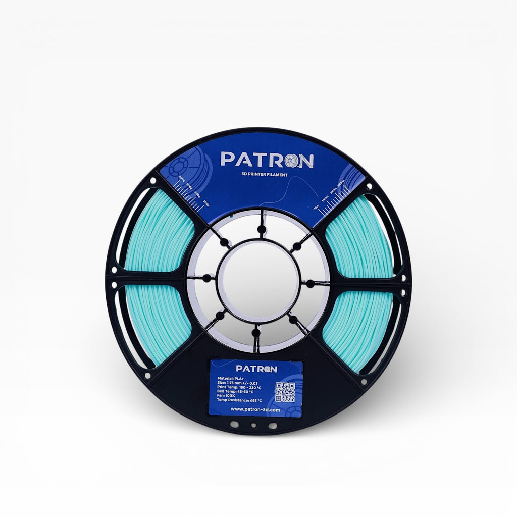 Light turquoise PLA+ filament for 3D printing, showing a spool of vibrant turquoise filament with a clear label.