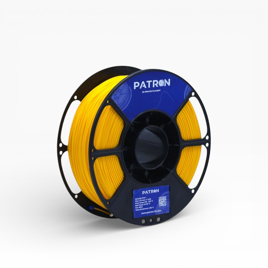 Mustard yellow PLA+ filament spool from My Store, showing the vibrant filament coiled in transparent packaging.