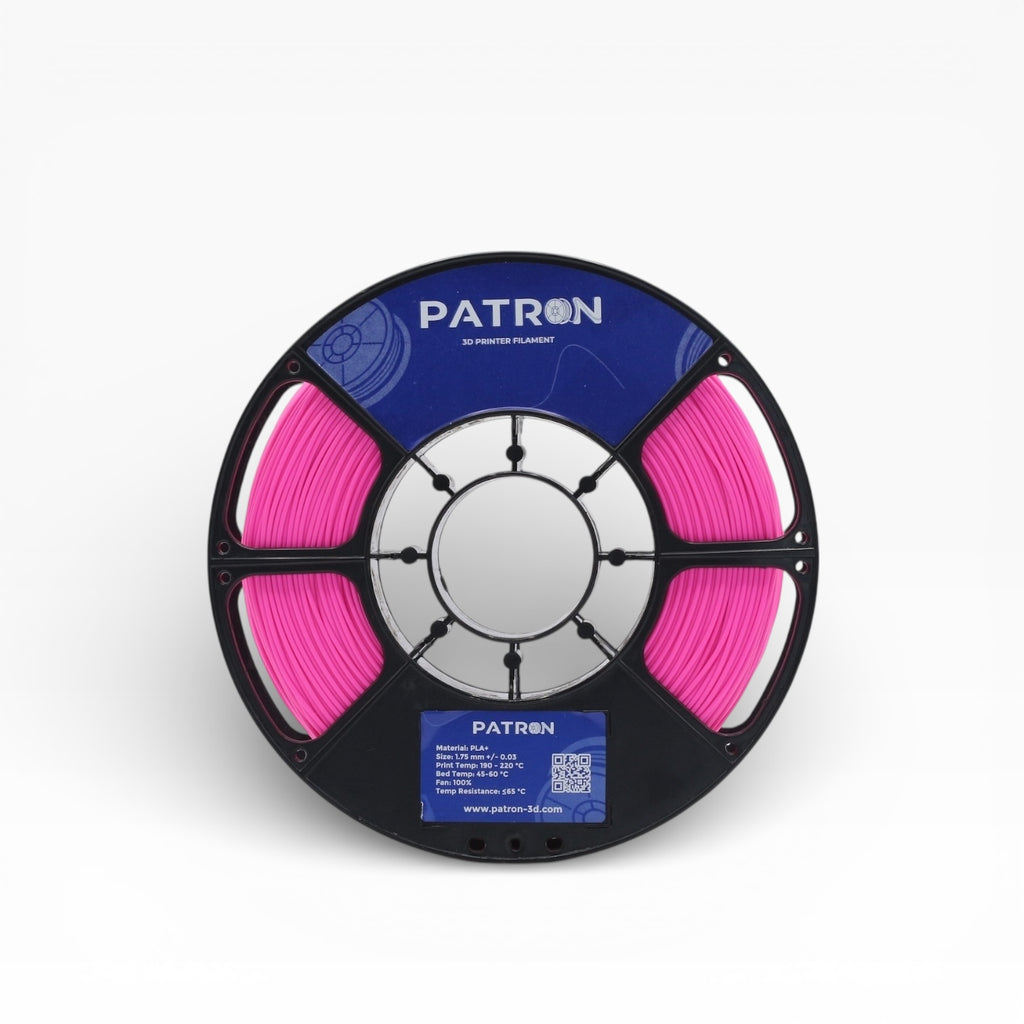 Neon Pink PLA+ filament spool from My Store, showing vibrant pink filament wound on a spool for 3D printing.