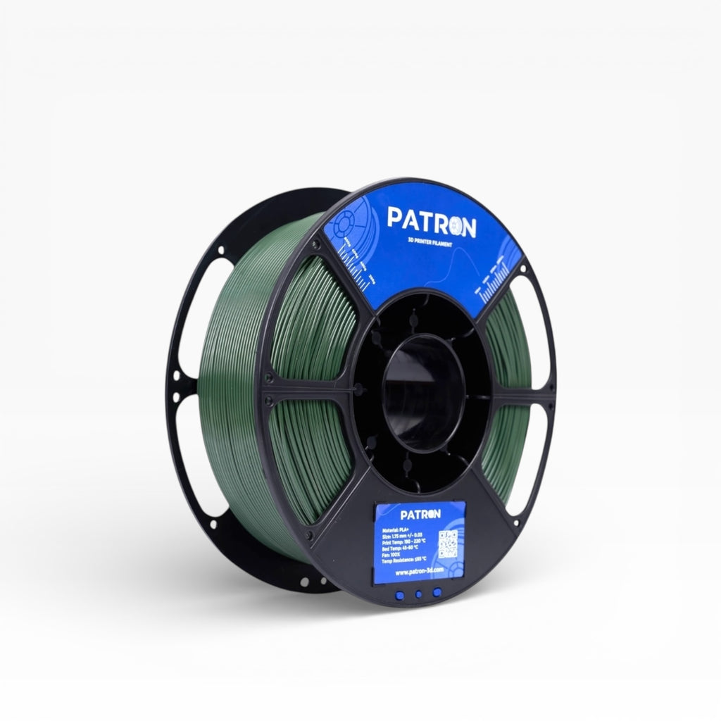 Olive green PLA+ 3D printer filament spool from My Store, showing the textured filament coil ready for 3D printing projects.