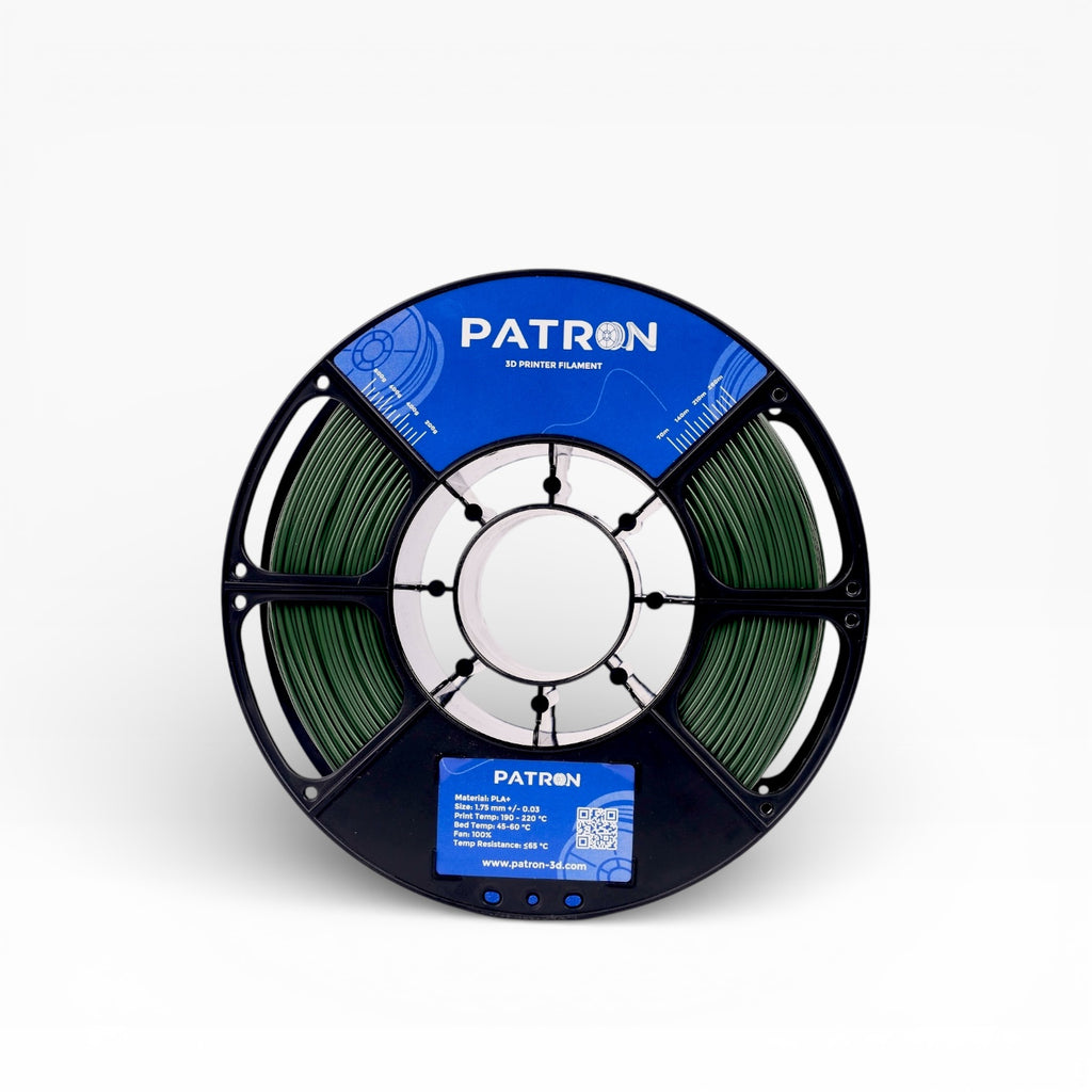 Olive green PLA+ filament spool from My Store, showing the smooth, tightly wound 3D printing filament on a spool.