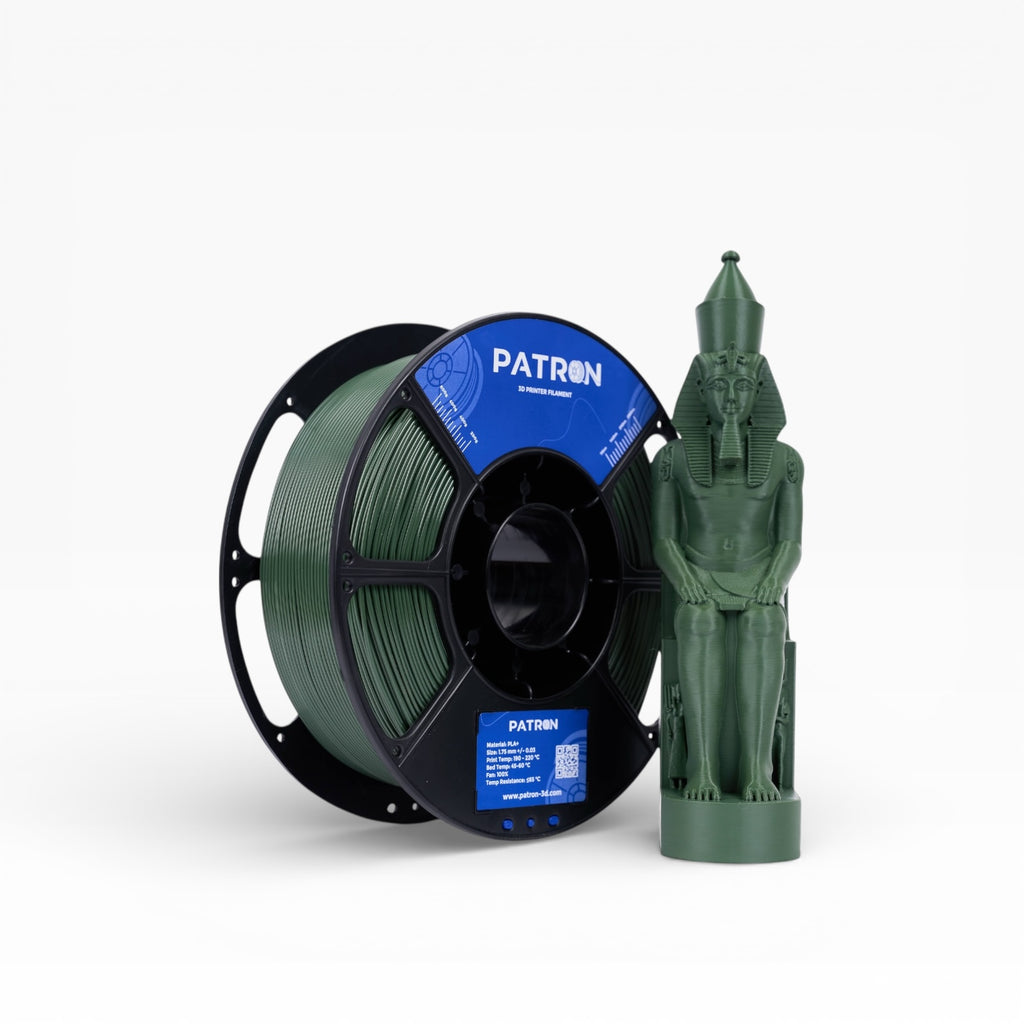 Olive green PLA+ filament spool from My Store, showing the vibrant filament material for 3D printing.