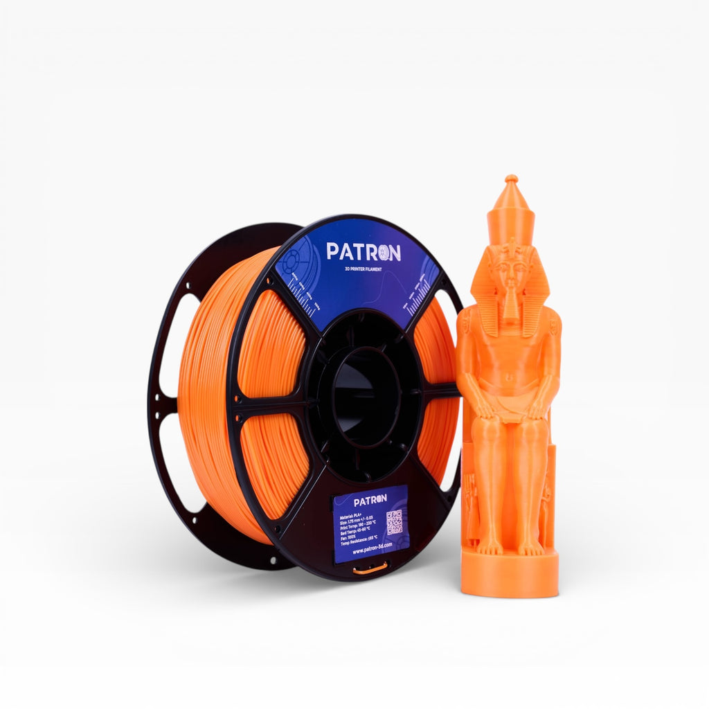 Orange PLA+ filament spool from My Store, showing the vibrant 3D printing filament coiled in a clear view.