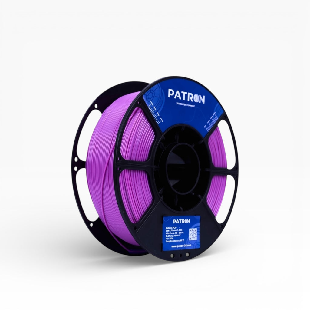 Purple PLA+ filament by My Store, spool of vibrant purple 3D printing filament with detailed winding and branding label.