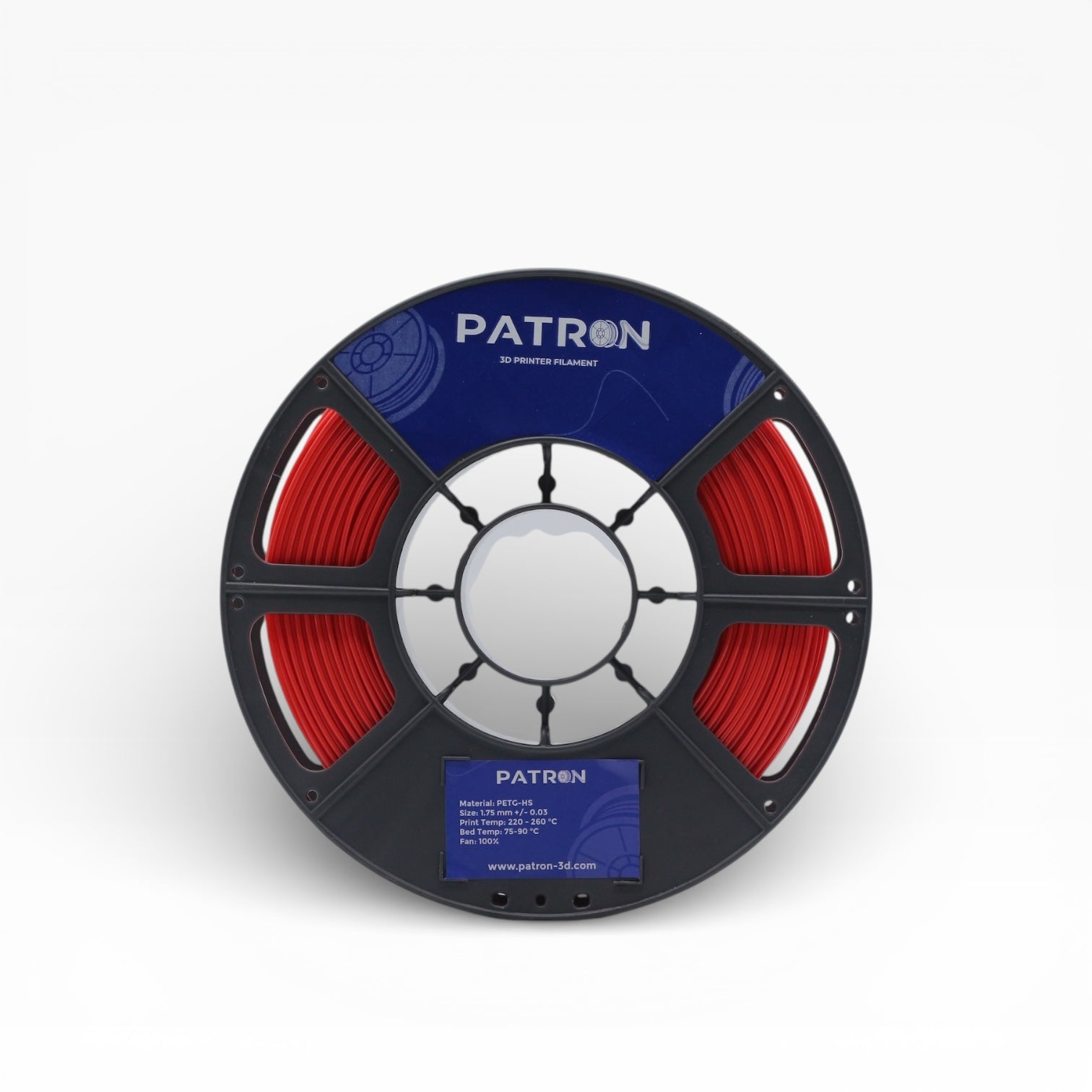 Red PETG HS filament spool from My Store, showing a close-up of the vibrant red 3D printing filament with a shiny surface.