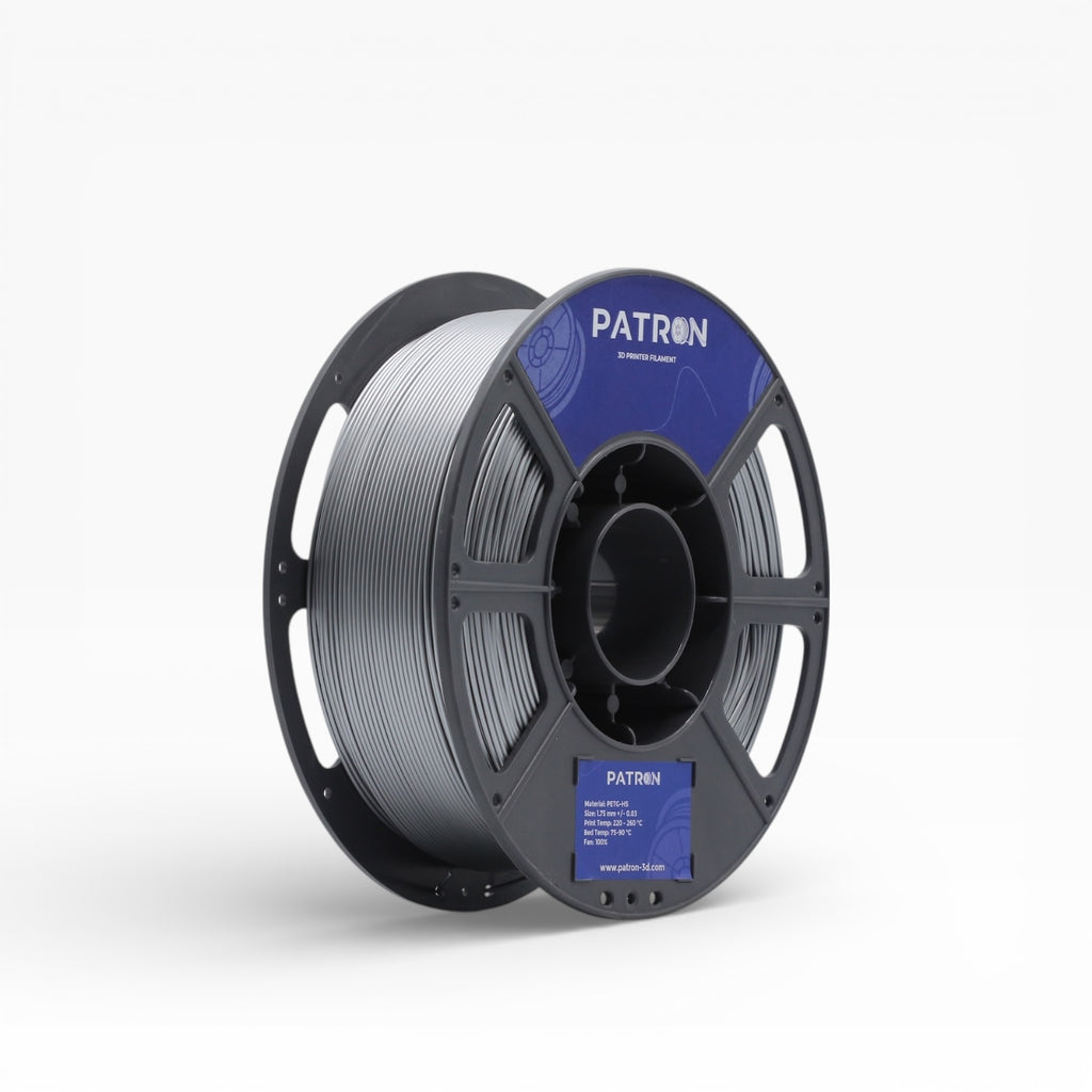 Silver PETG HS 3D printing filament spool from My Store, showing the shiny silver filament coiled in a clear spool.