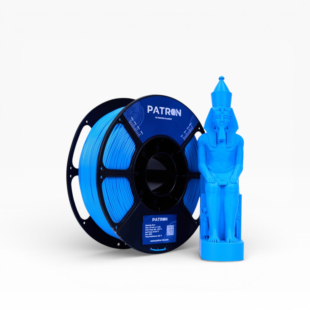 Sky blue PLA+ filament spool from My Store, showing vibrant color and detailed packaging for 3D printing enthusiasts.