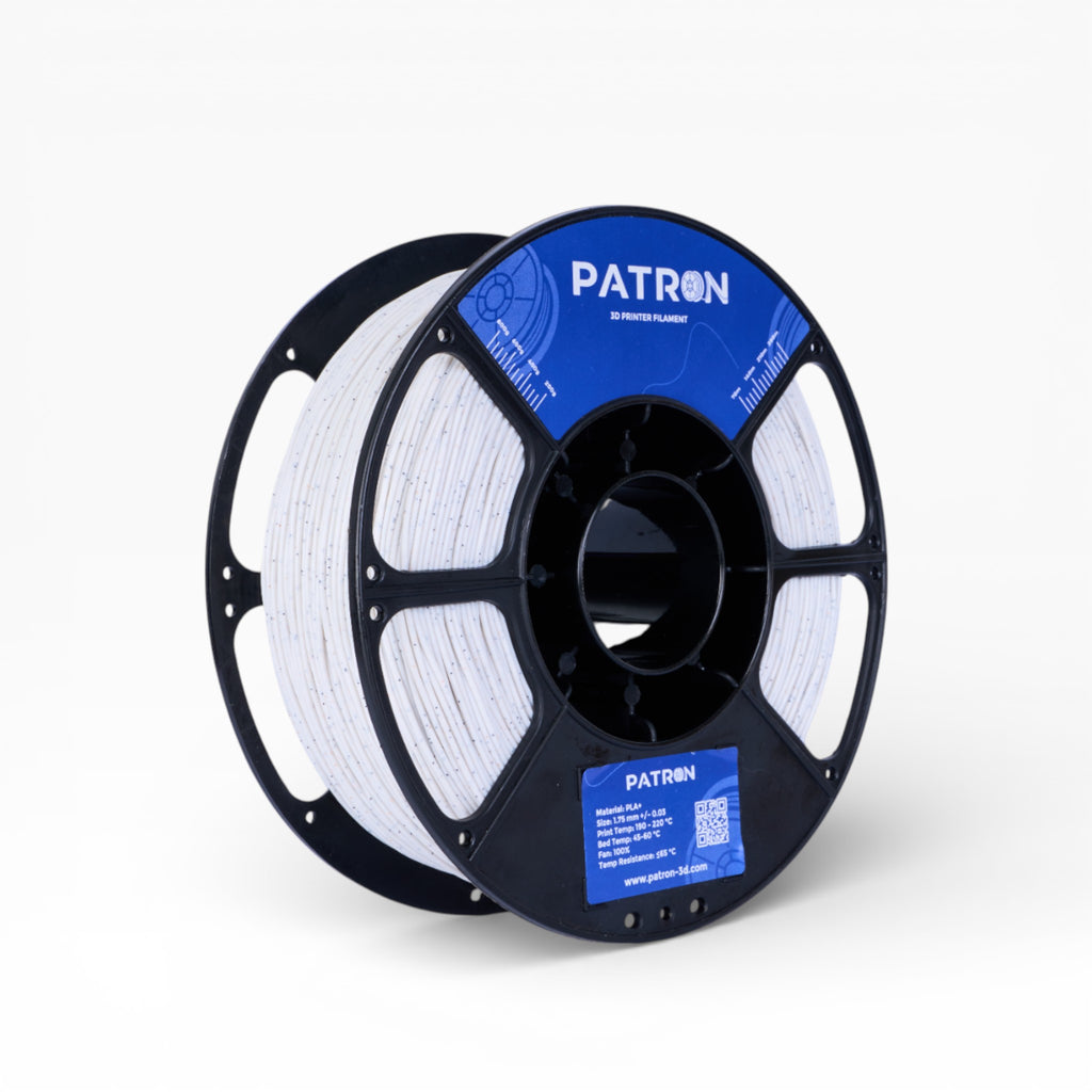 White Marble PLA filament spool from My Store, showcasing smooth white plastic with marble-like pattern for 3D printing.