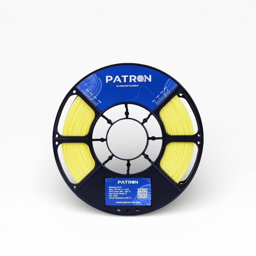 Yellow PLA+ filament spool from My Store, showing the bright yellow plastic filament wrapped on a spool.