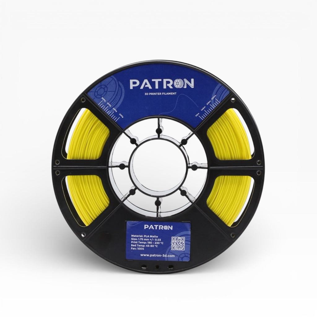 Yellow matte PLA filament by Patron 3D Filaments, showing a spool of vibrant yellow, matte finish 3D printing material.