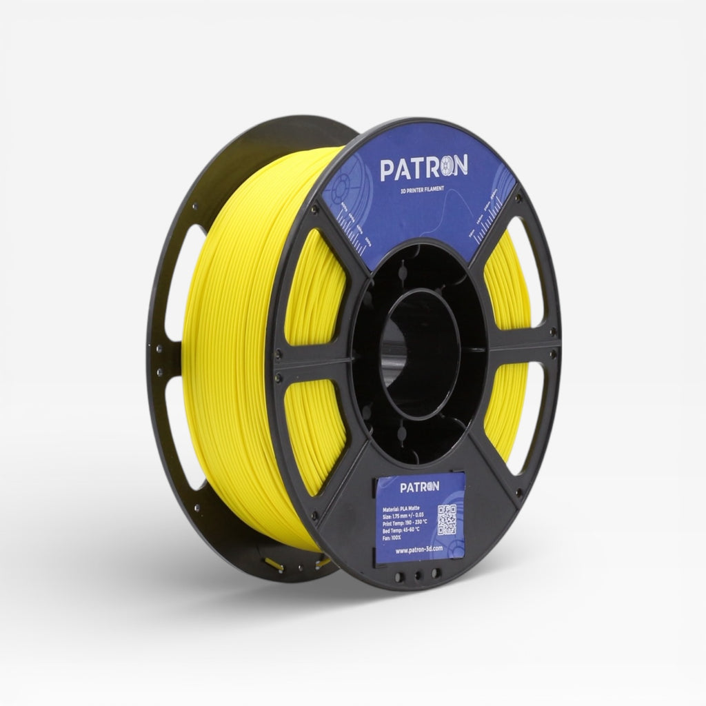 Yellow Matte PLA filament by Patron 3D Filaments, showing a spool of vibrant yellow matte 3D printing filament.