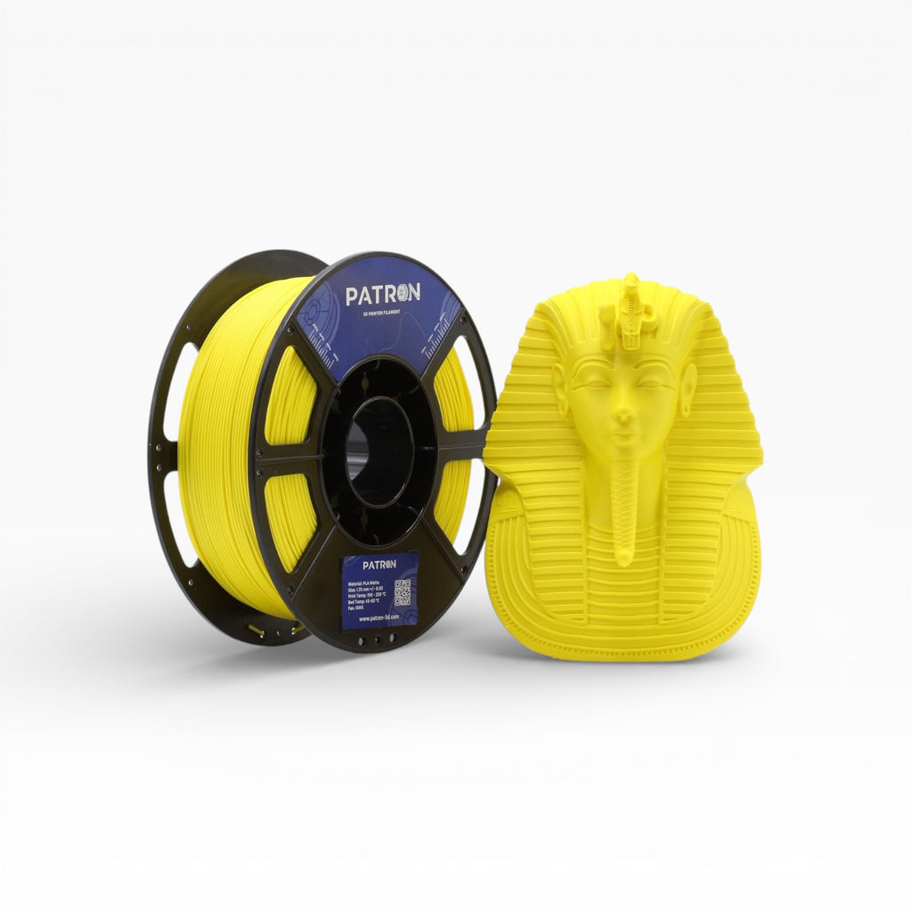 Yellow Matte PLA filament by Patron 3D Filaments, showing a spool of vibrant yellow matte 3D printing filament.